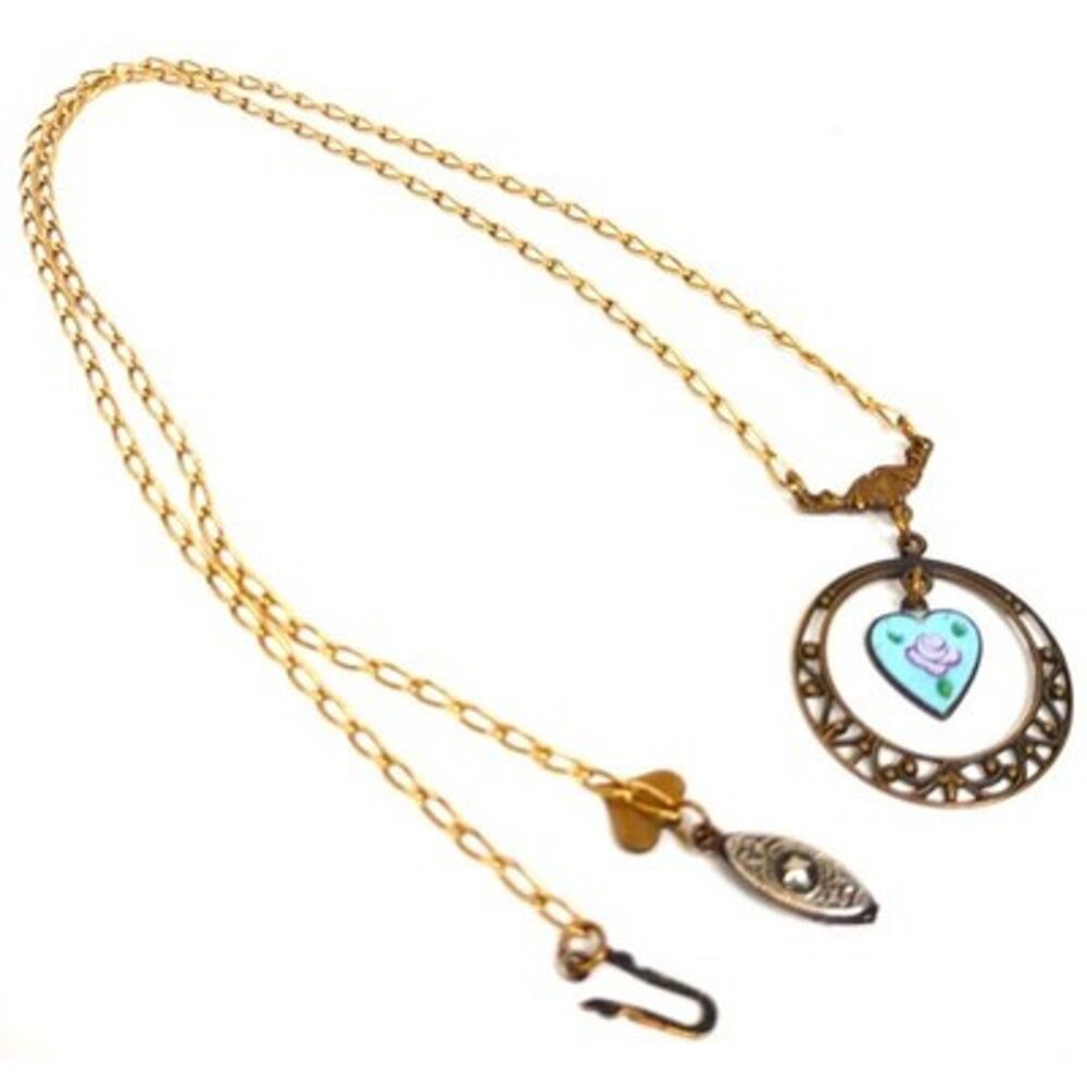 Vintage Glass Works Studio Ceramic Heart Necklace Blue Green Brass Metal 24”